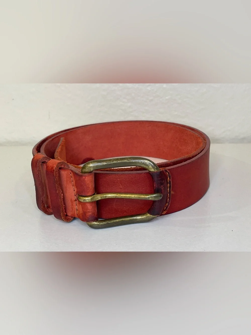Vintage Men's Red Leather Belt with‎ Antique Brass Buckle Size M